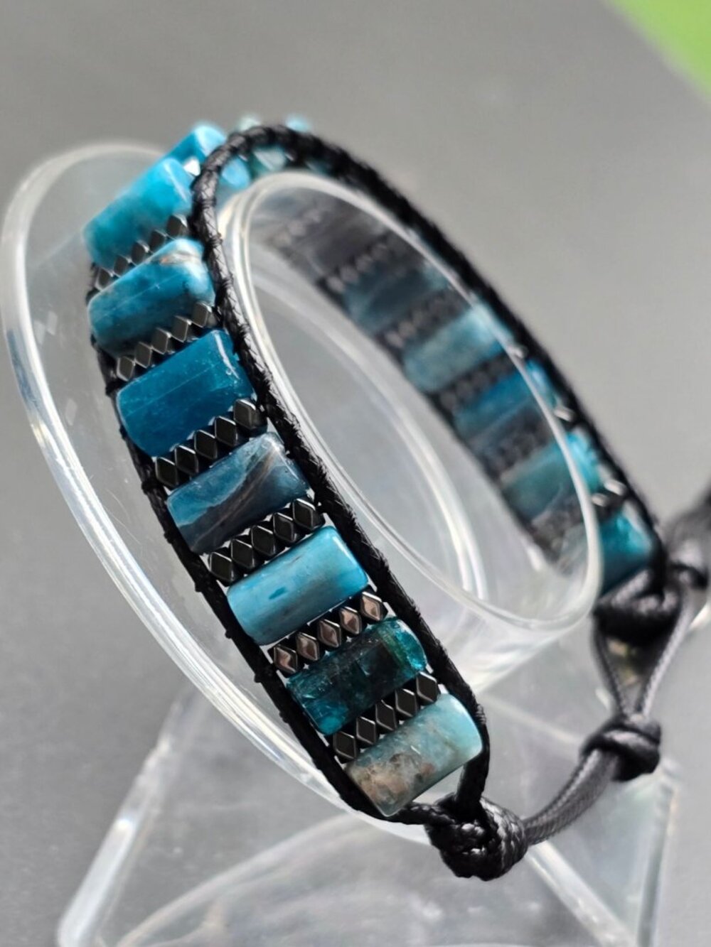 Handmade ⦠Blue Imperial Jasper Bracelet ⦠Adjustable Black Cord Slab Beads NWT - Picture 5 of 6